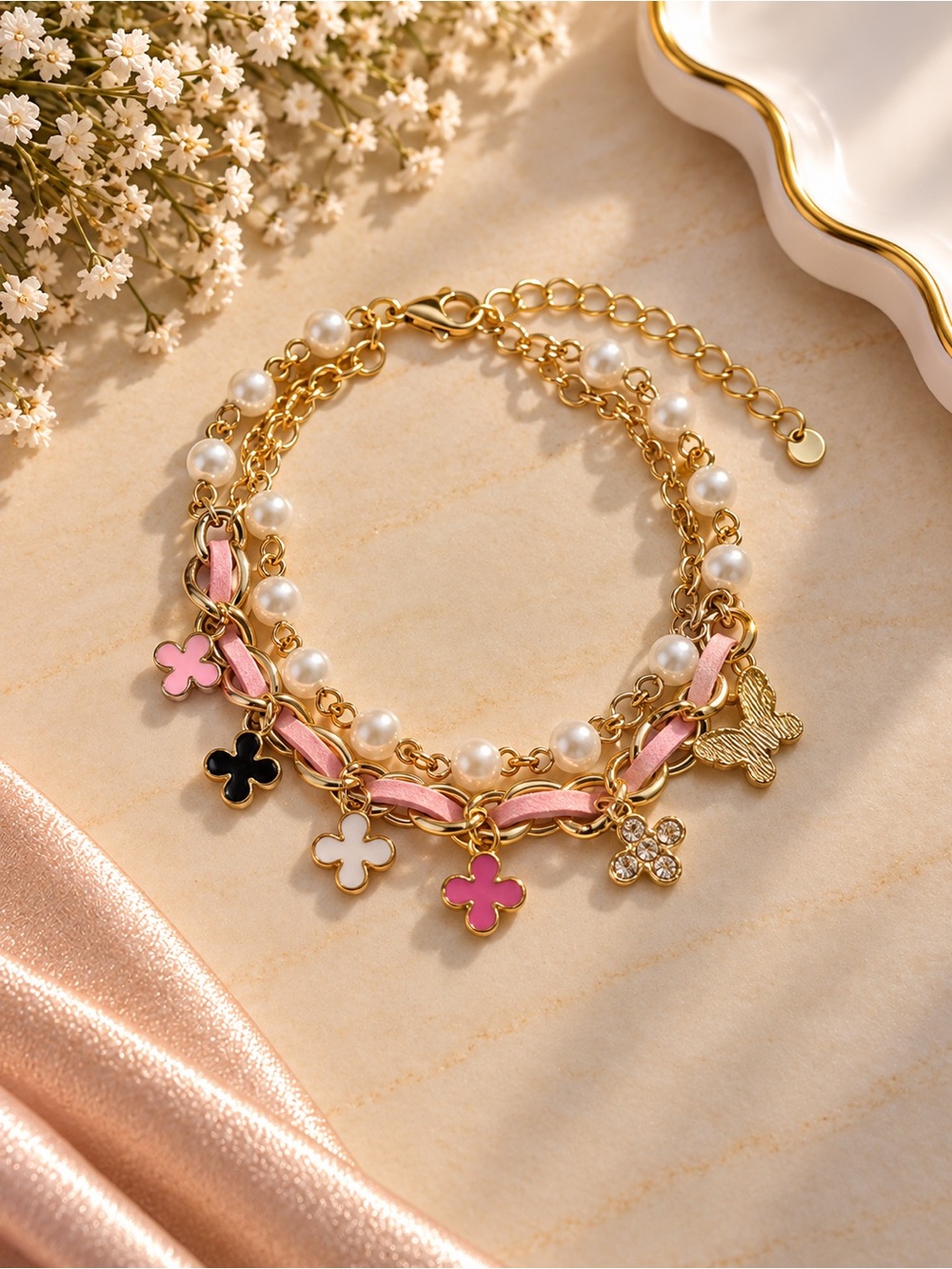 Gold Pearl & Pink Ribbon Multi-Charm Bracelet - Women Jewelry